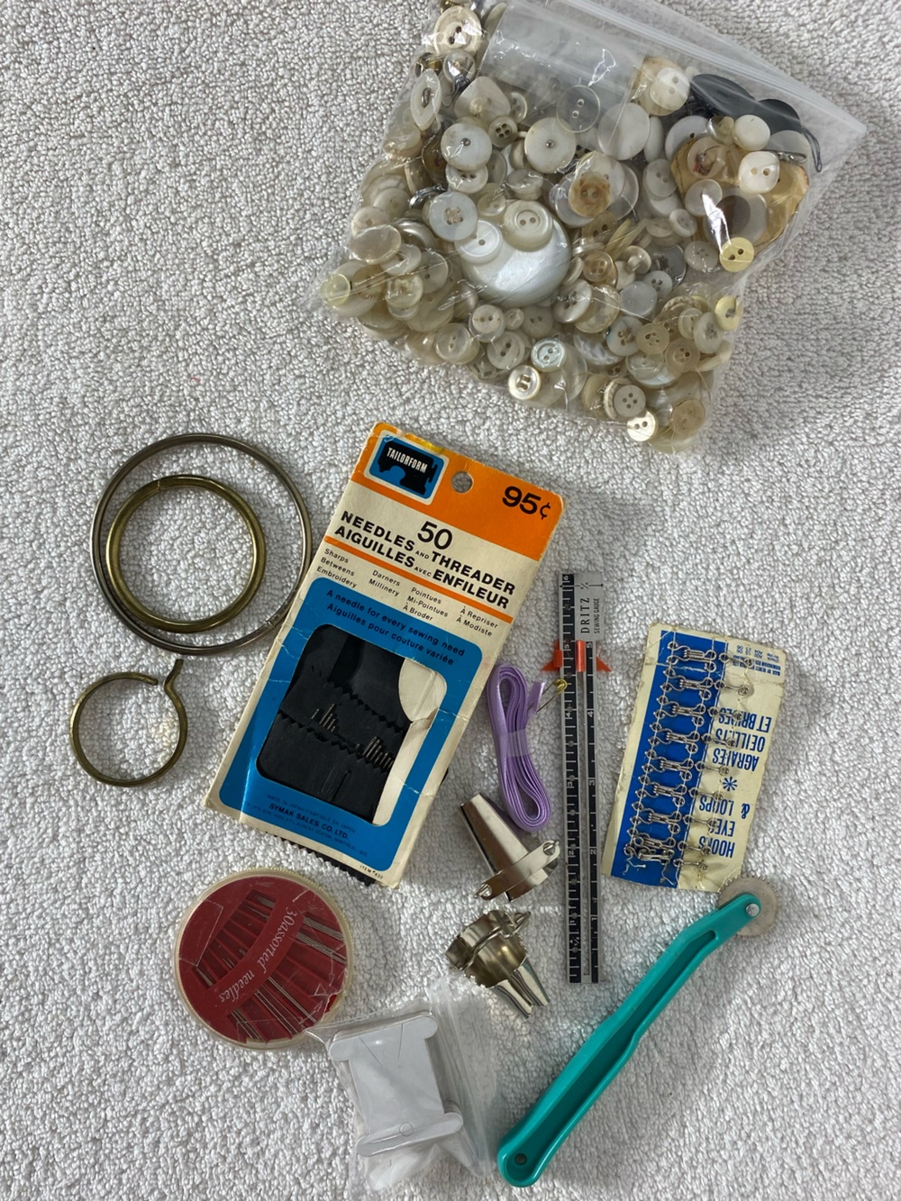 Vintage Sewing Notion Lot Bulk Buttons Metal Gauge Hooks Eyes Tracing Wheel Etc